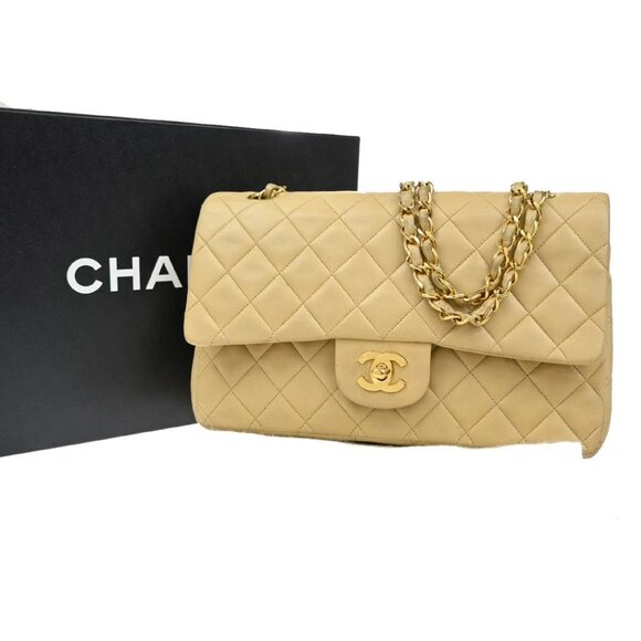 CHANEL CC Matelasse 25 Double Flap Chain Shoulder Bag Leather Beige GHW 378RL429 - Picture 1 of 16